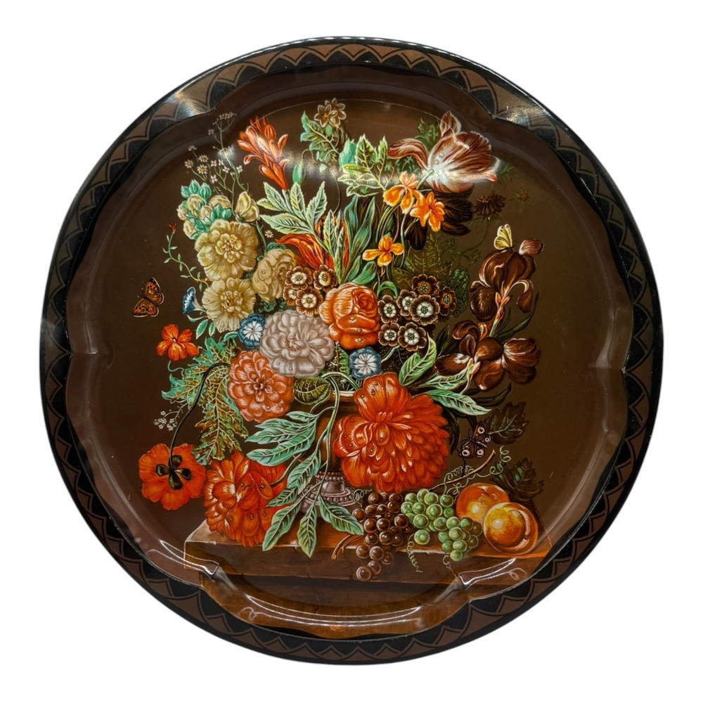 Vintage Daher Decorated Ware Floral Tin Tray Made in England 12.5 Inch Brown